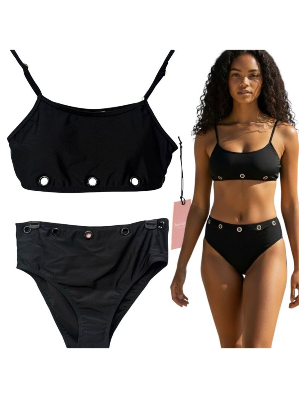 Juicy Couture Two-piece Bikini Size Medium Black Grommets High Waist NWT